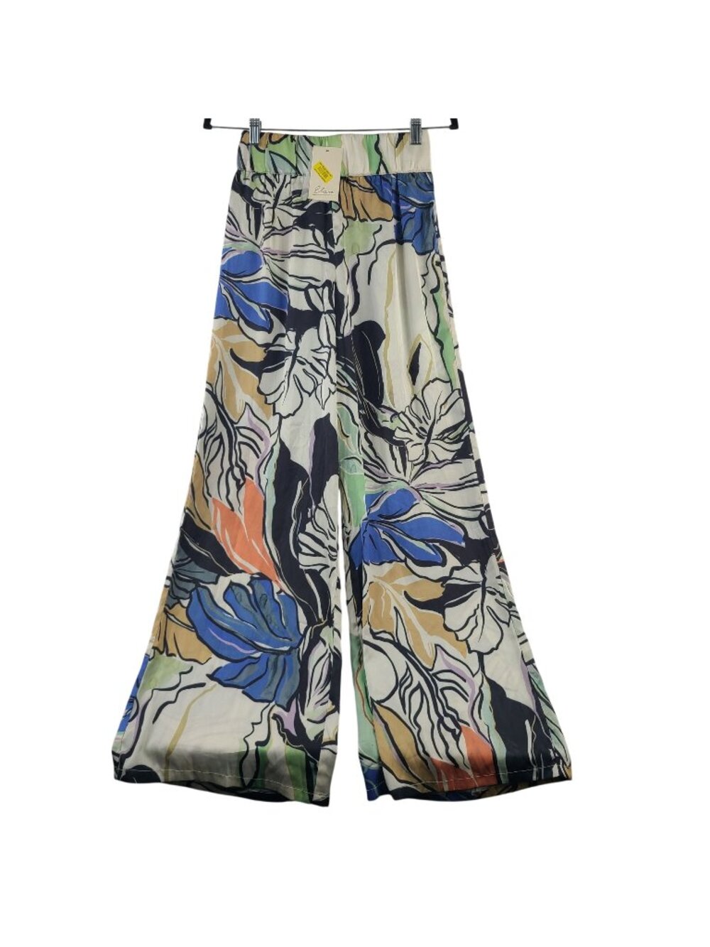 NEW Elan Blue Botanical Wide-Leg Pants Medium Lightweight Elastic Waistband